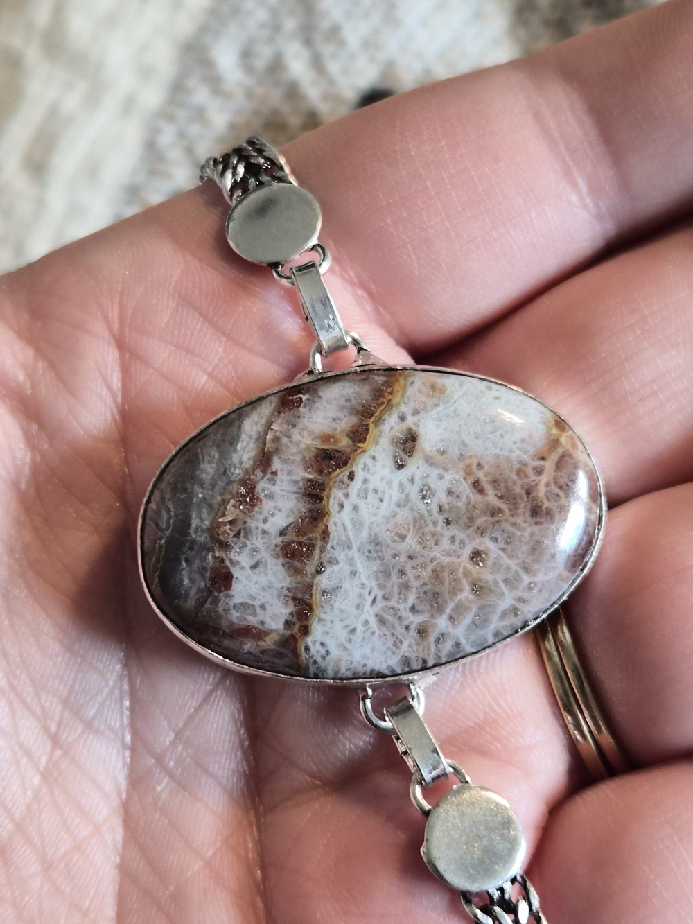 Silver Brown and Cream Agate Stone Bracelet
